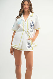 Women's embroidered button-down shirt and shorts matching set with pockets