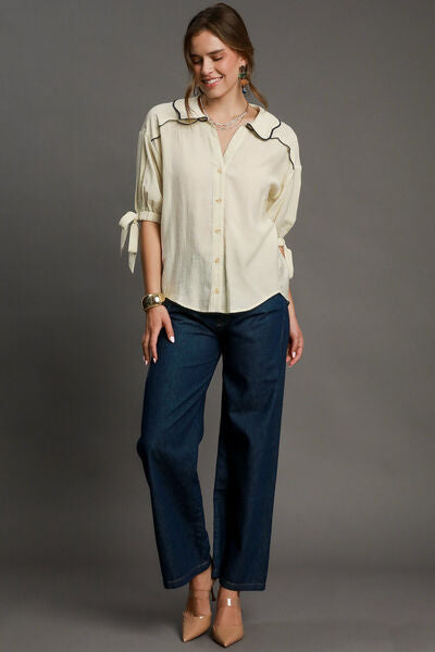 Umgee full size embroidered detail button down shirt, plus size.