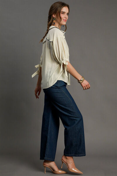 Umgee full size embroidered detail button down shirt, plus size.