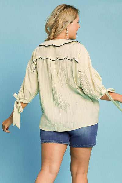 Umgee full size embroidered detail button down shirt, plus size.