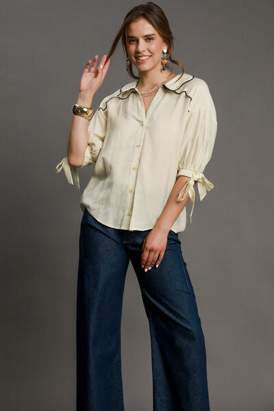 Umgee full size embroidered detail button down shirt, plus size.