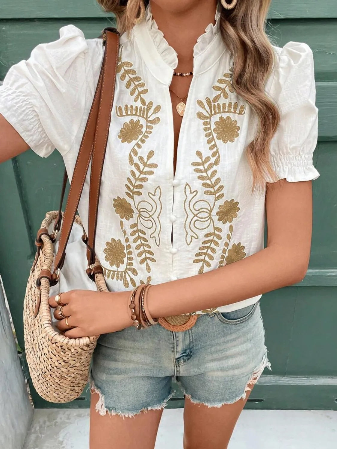 Embroidered Frill Notched Short Sleeve Blouse.