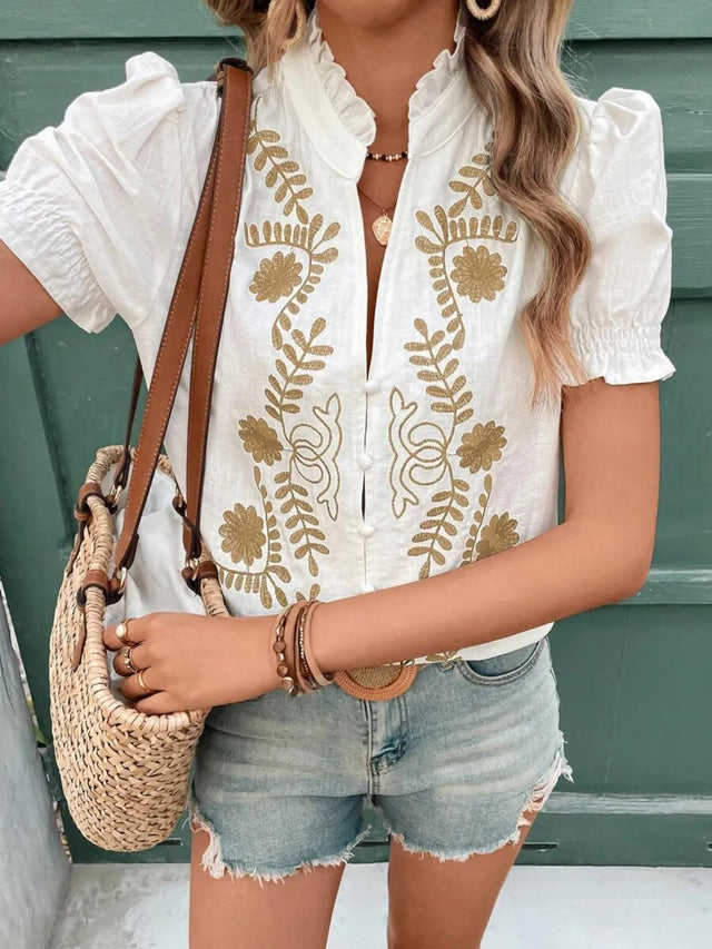 Embroidered Frill Notched Short Sleeve Blouse.