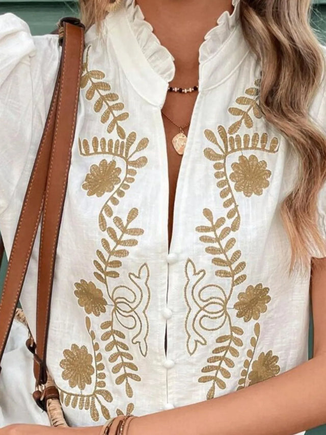 Embroidered Frill Notched Short Sleeve Blouse.