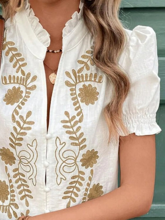 Embroidered Frill Notched Short Sleeve Blouse.