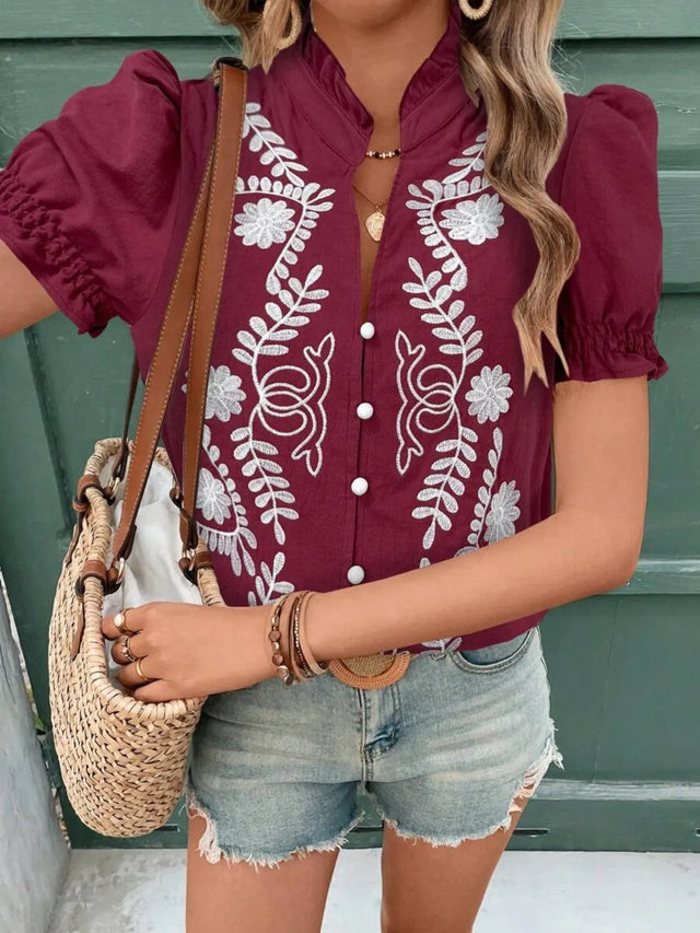 Embroidered Frill Notched Short Sleeve Blouse.