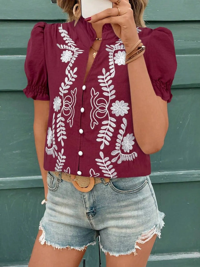 Embroidered Frill Notched Short Sleeve Blouse.