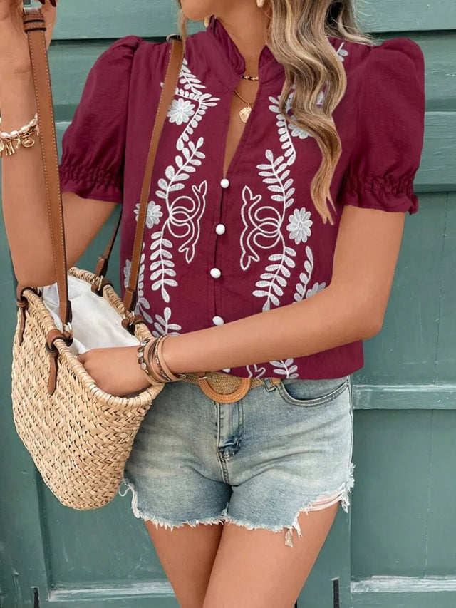 Embroidered Frill Notched Short Sleeve Blouse.