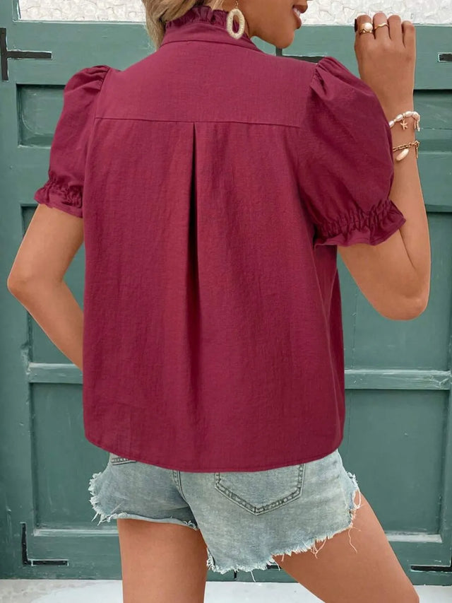 Embroidered Frill Notched Short Sleeve Blouse.