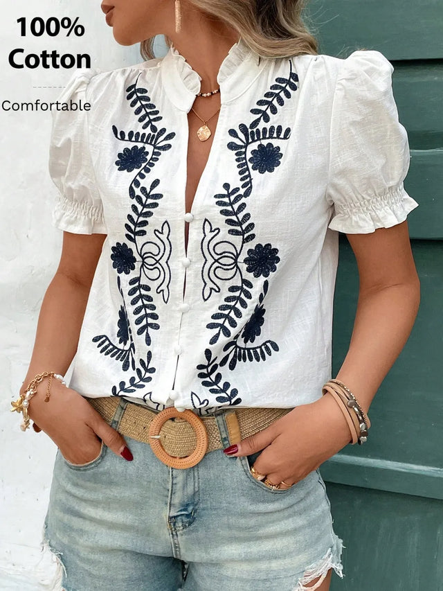 Embroidered Frill Notched Short Sleeve Blouse.