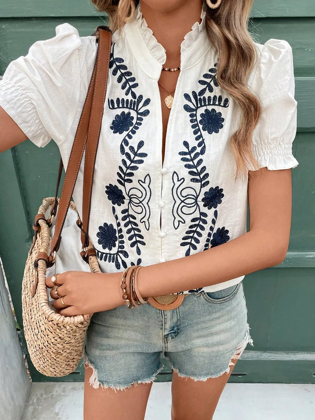 Embroidered Frill Notched Short Sleeve Blouse.