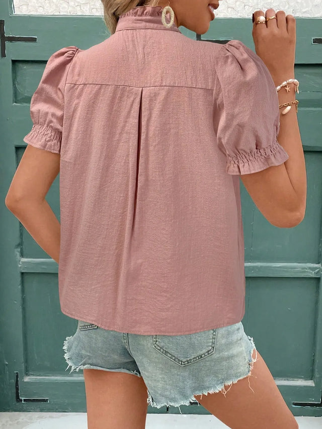 Embroidered Frill Notched Short Sleeve Blouse.