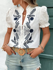 Embroidered Frill Notched Short Sleeve Blouse.