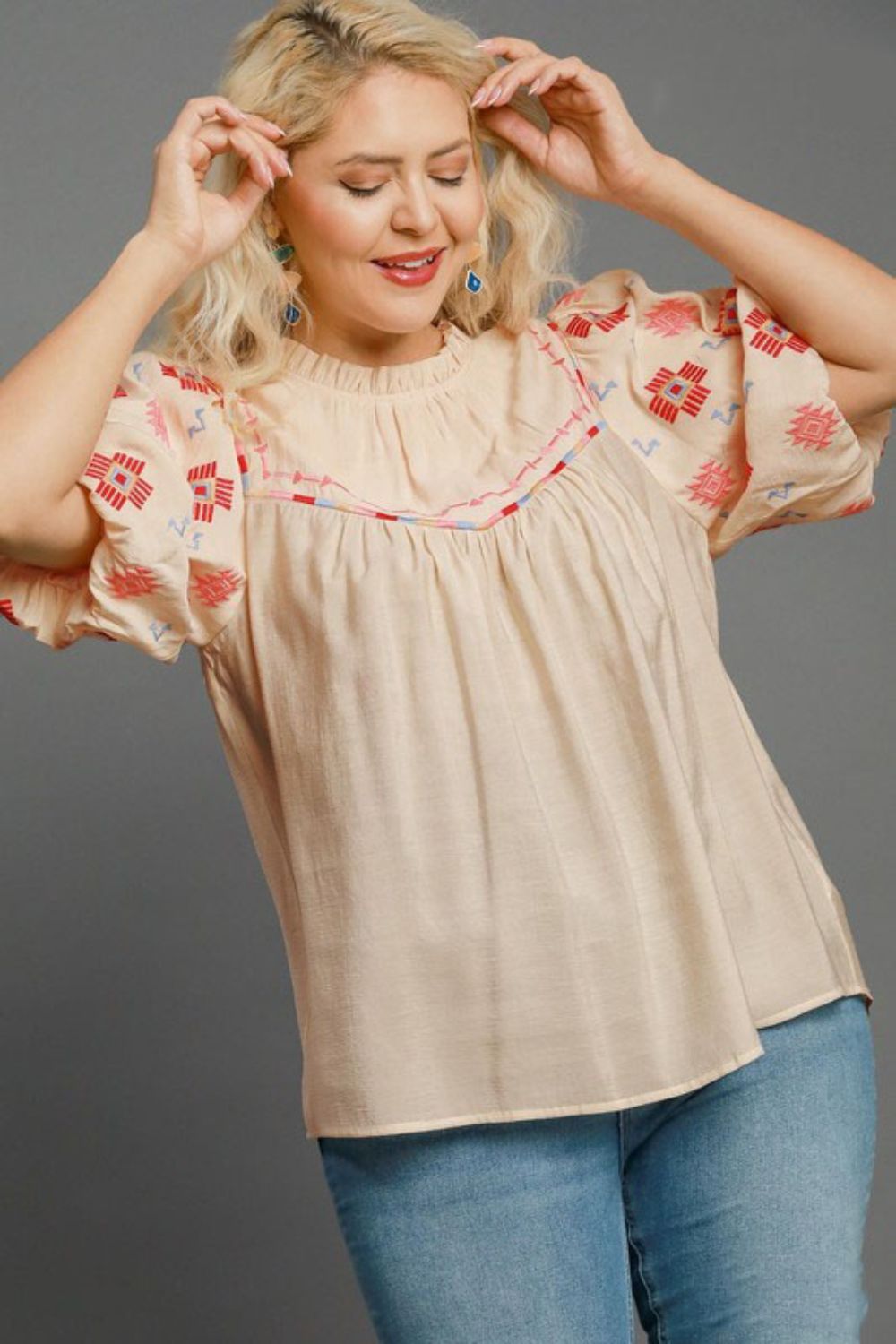 Umgee full size embroidered puff sleeve mock neck top, plus size.