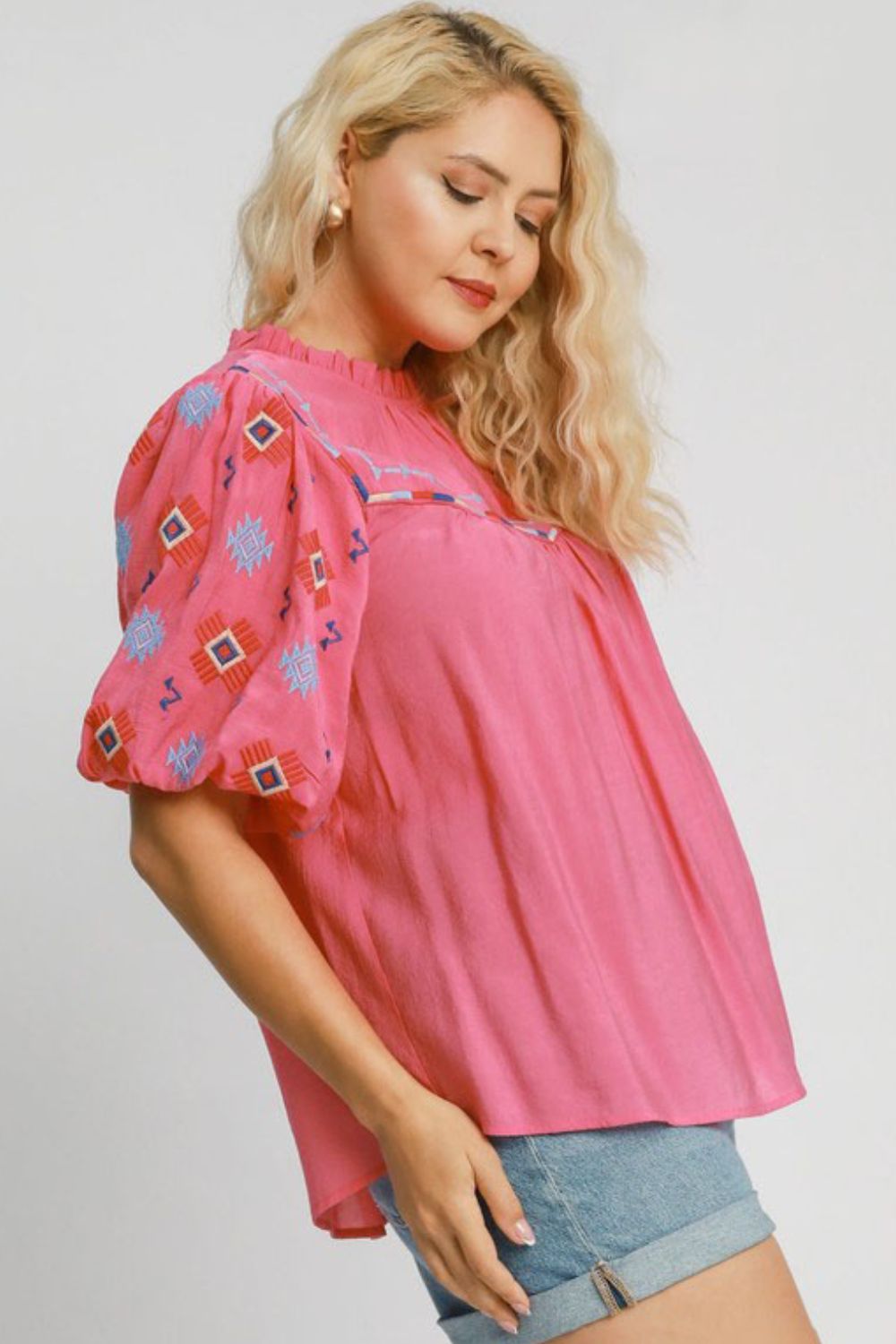 Umgee full size embroidered puff sleeve mock neck top, plus size.