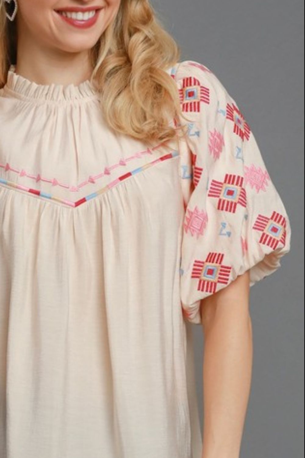Umgee full size embroidered puff sleeve mock neck top, plus size.
