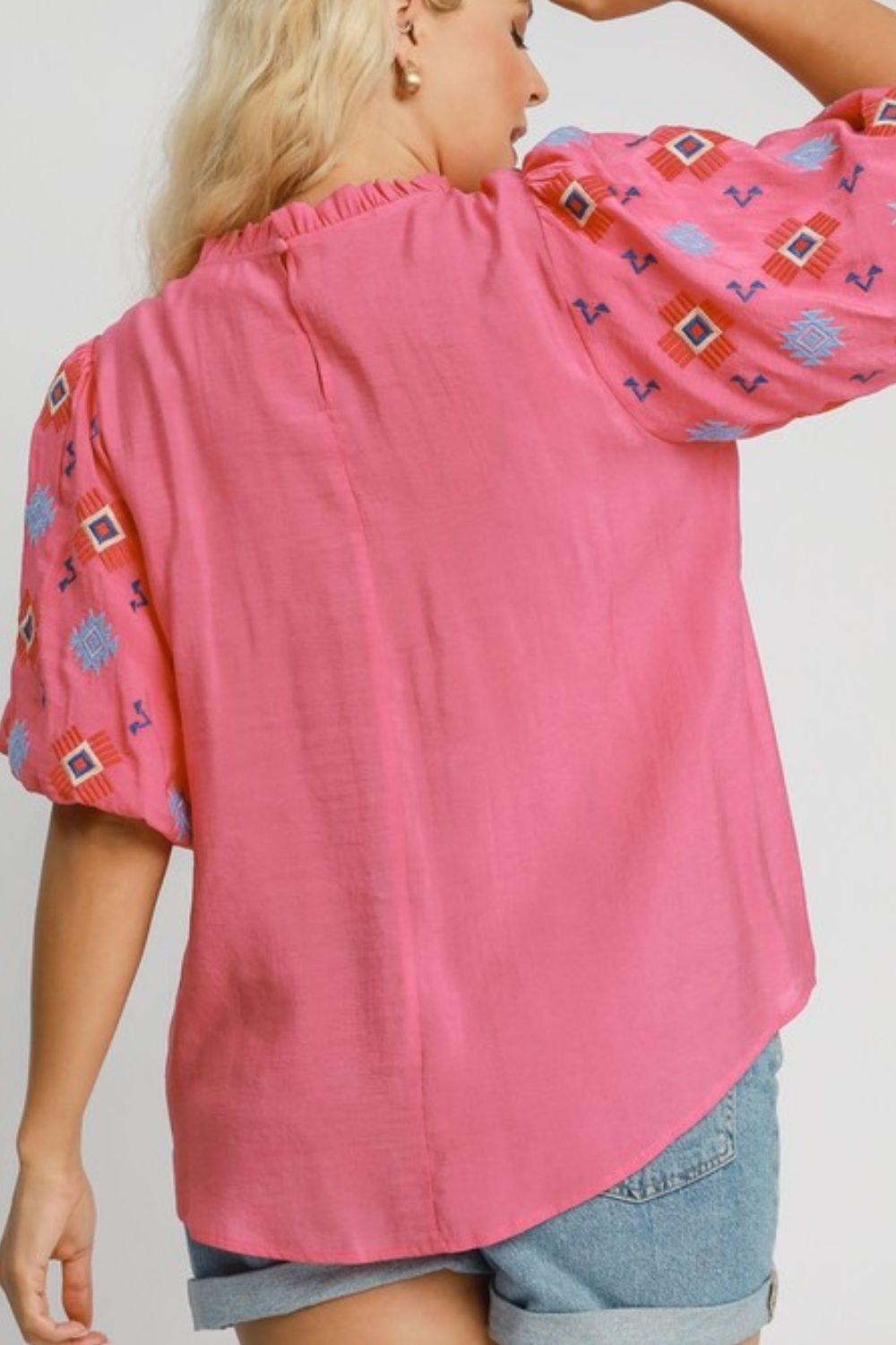 Umgee full size embroidered puff sleeve mock neck top, plus size.