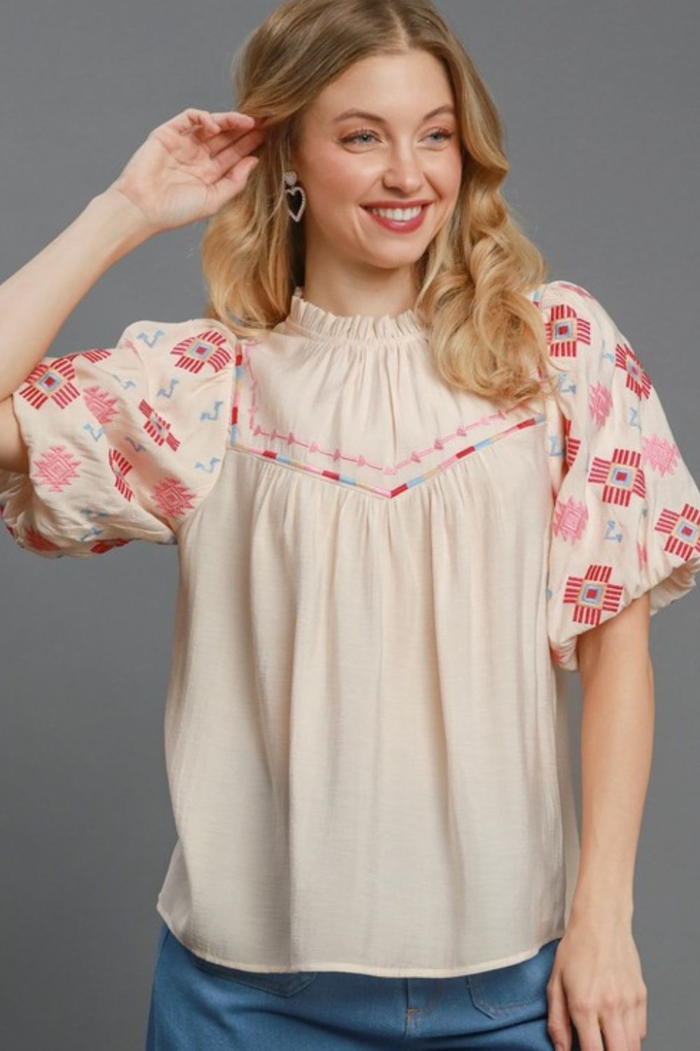 Umgee full size embroidered puff sleeve mock neck top, plus size.