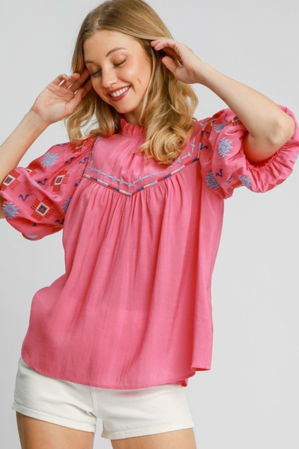 Umgee full size embroidered puff sleeve mock neck top, plus size.