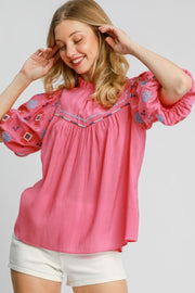 Umgee full size embroidered puff sleeve mock neck top, plus size.