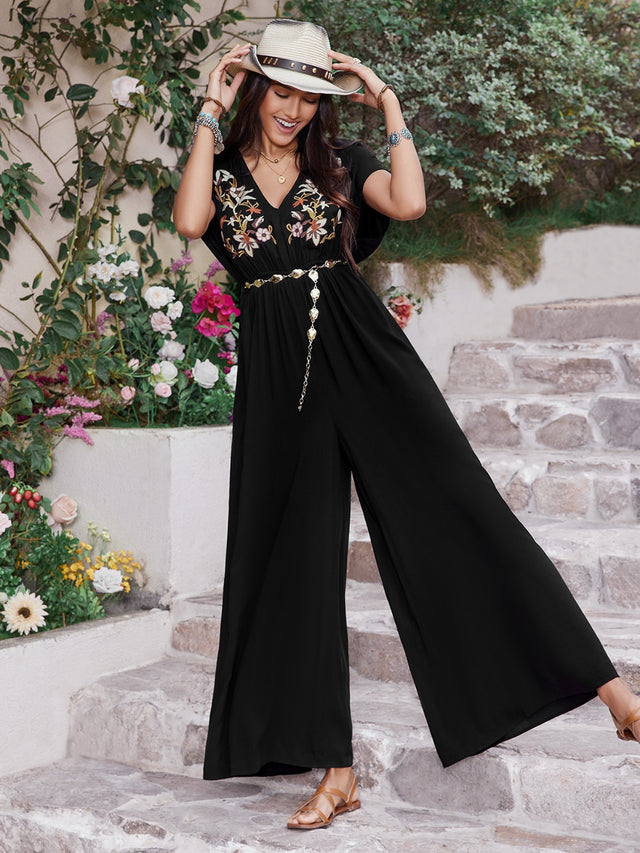 Embroidered Ruched Short Sleeve Jumpsuit with Buttons.
