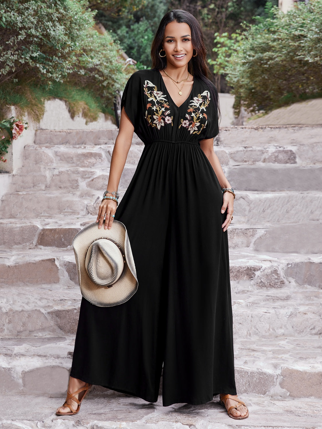 Embroidered Ruched Short Sleeve Jumpsuit with Buttons.