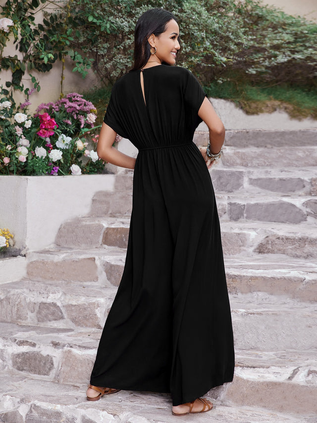 Embroidered Ruched Short Sleeve Jumpsuit with Buttons.