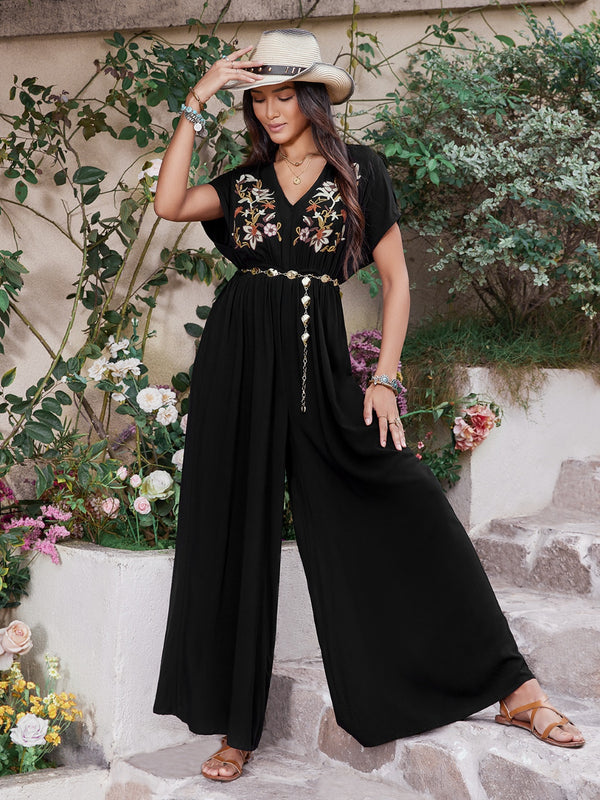 Smocked Sleeveless V Neck Jumpsuit with Pockets.