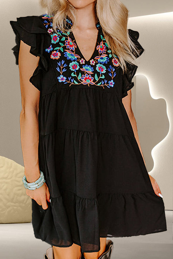 Embroidered Ruffled Cap Sleeve Mini Dress.
