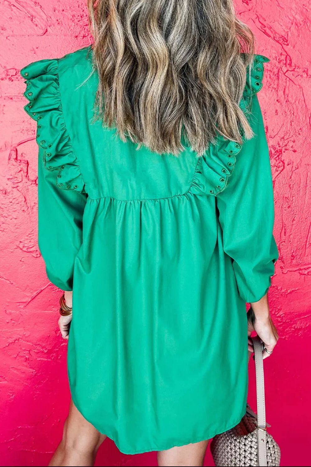 Embroidered Ruffled Notched Three-Quarter Sleeve Dress.