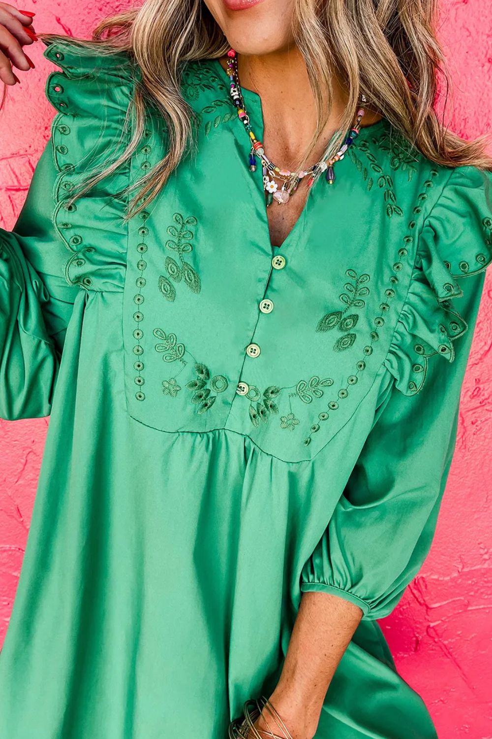 Embroidered Ruffled Notched Three-Quarter Sleeve Dress.