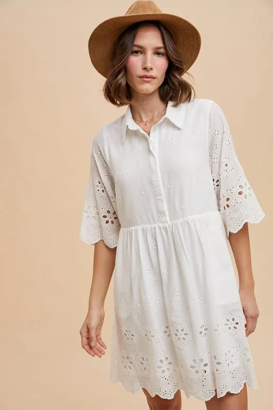 Annie Wear Embroidered Scallop Edge Detail Mini Shirt Dress.