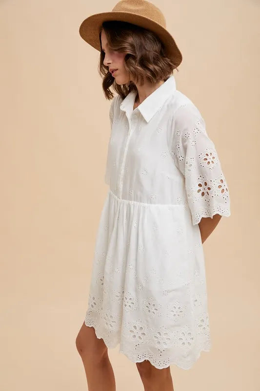 Annie Wear Embroidered Scallop Edge Detail Mini Shirt Dress.
