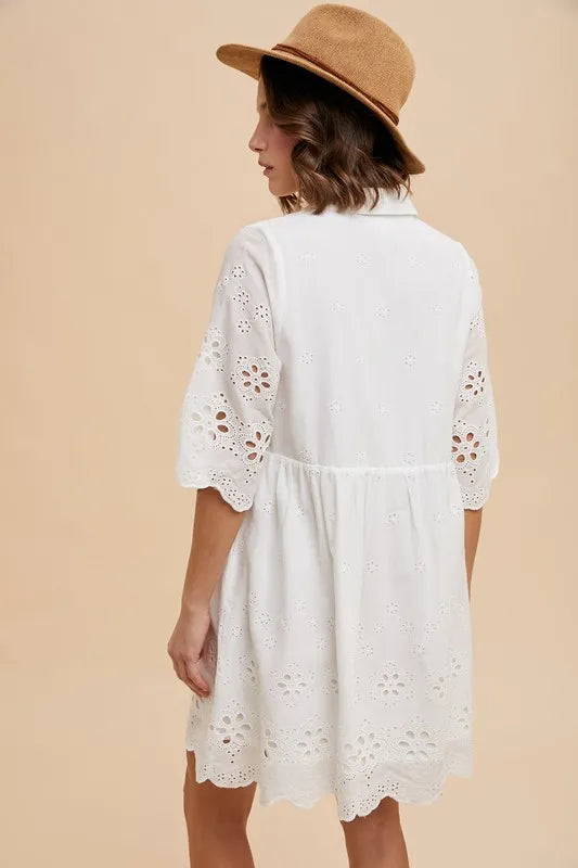 Annie Wear Embroidered Scallop Edge Detail Mini Shirt Dress.