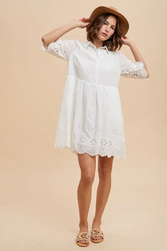 Annie Wear Embroidered Scallop Edge Detail Mini Shirt Dress.