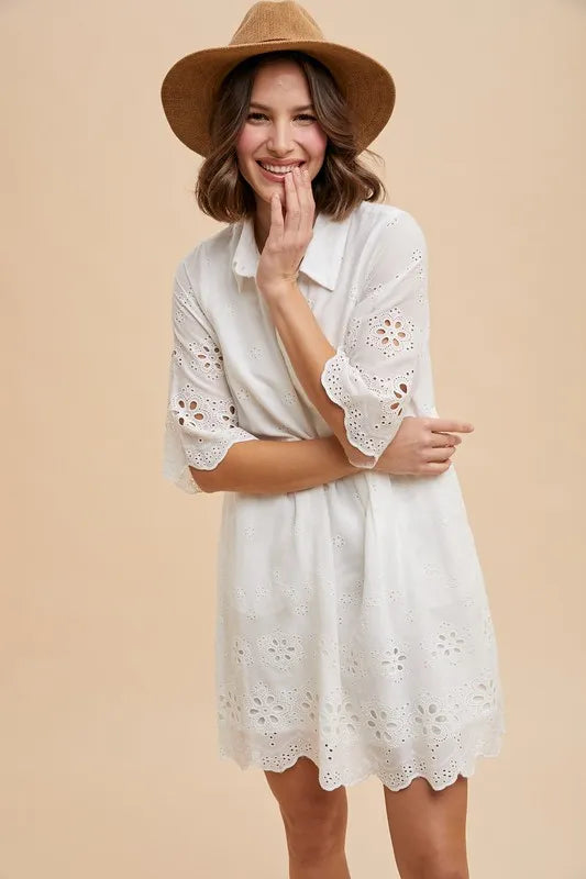 Annie Wear Embroidered Scallop Edge Detail Mini Shirt Dress.