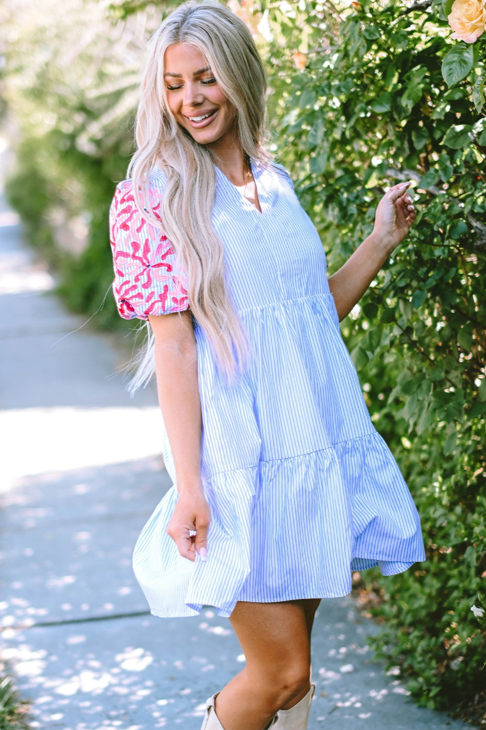 Embroidered Striped Notched Short Sleeve Dress.
