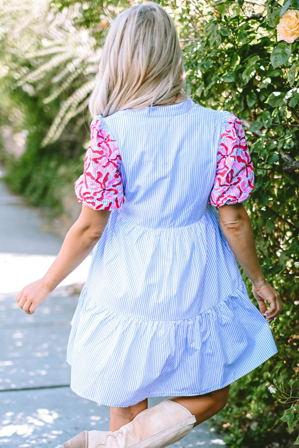 Embroidered Striped Notched Short Sleeve Dress.