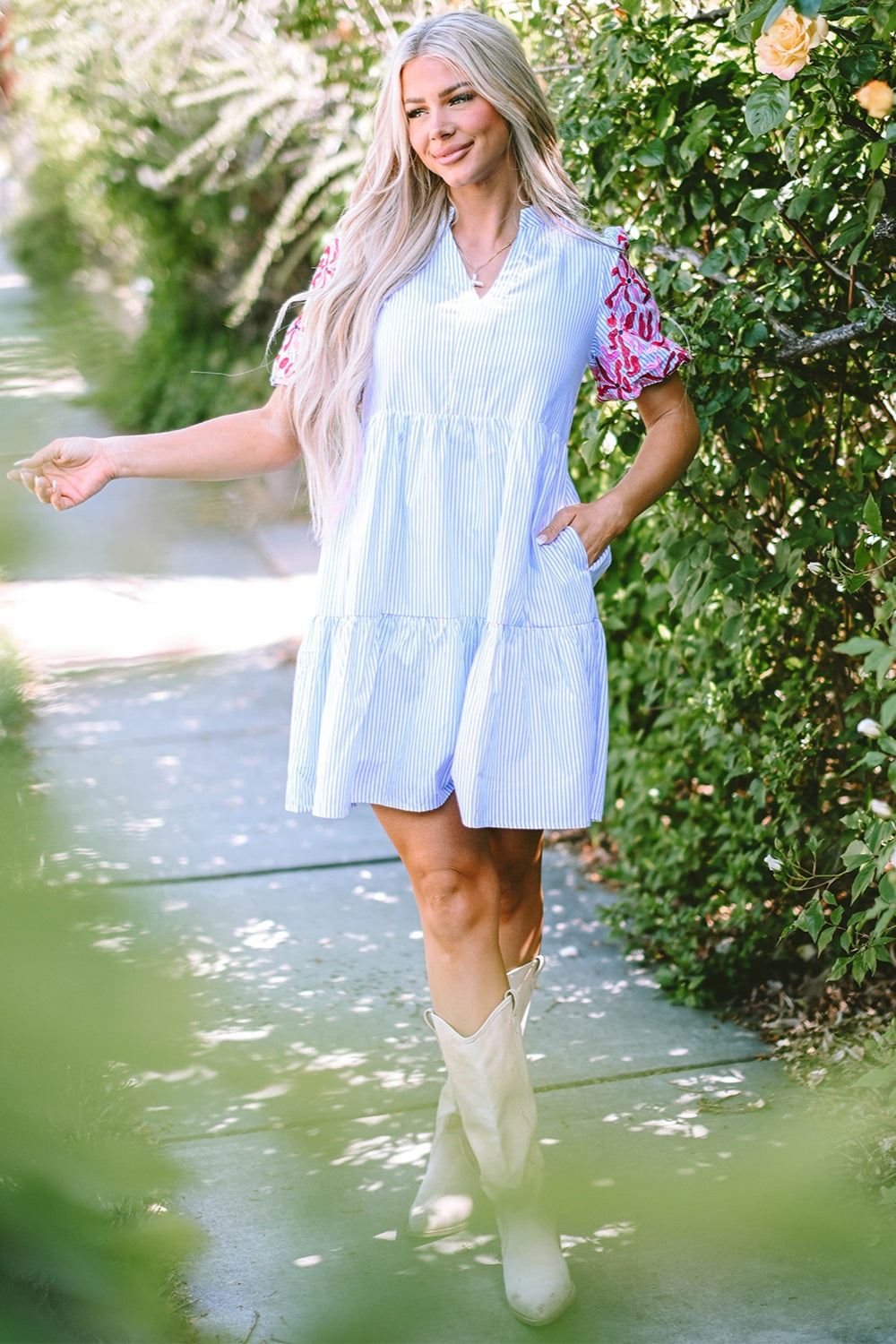 Embroidered Striped Notched Short Sleeve Dress.