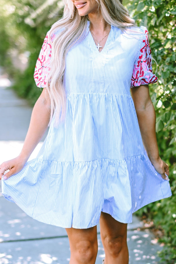 Embroidered Striped Notched Short Sleeve Dress.