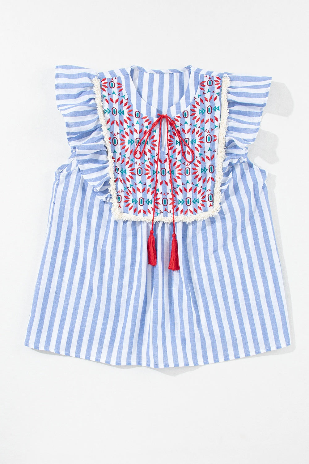 Embroidered tassel striped tie neck blouse with ruffles.