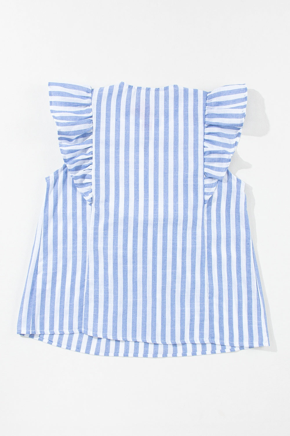 Embroidered tassel striped tie neck blouse with ruffles.