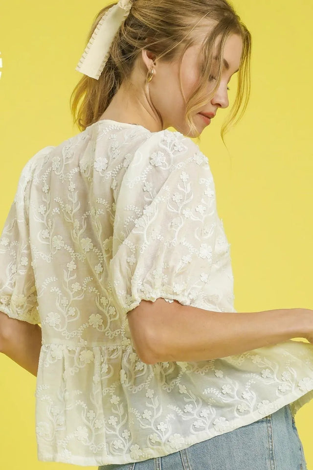 Umgee Embroidered Tie Front Peplum Blouse.