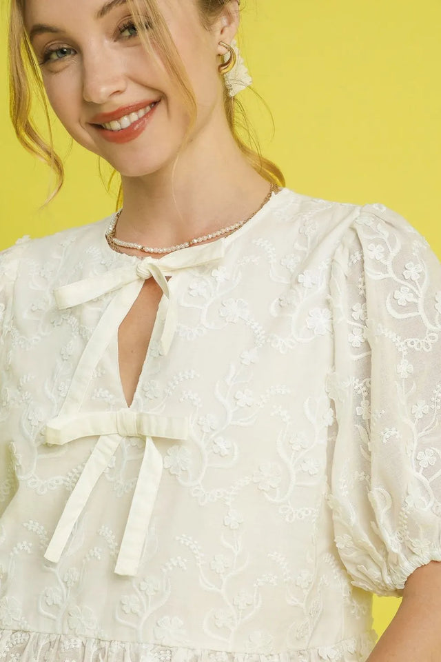 Umgee Embroidered Tie Front Peplum Blouse.
