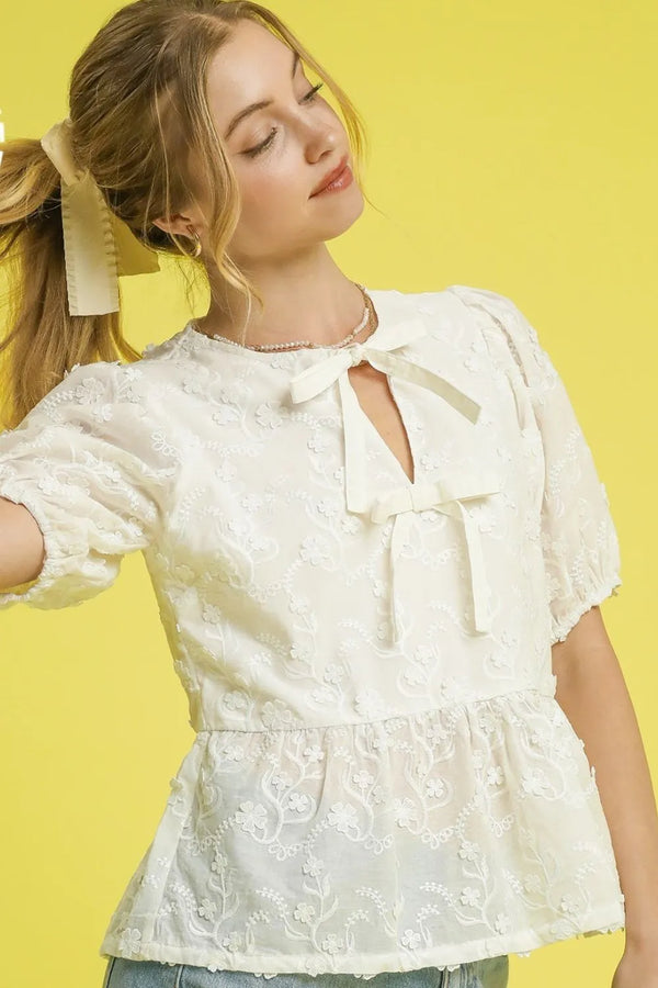 Umgee Embroidered Tie Front Peplum Blouse.
