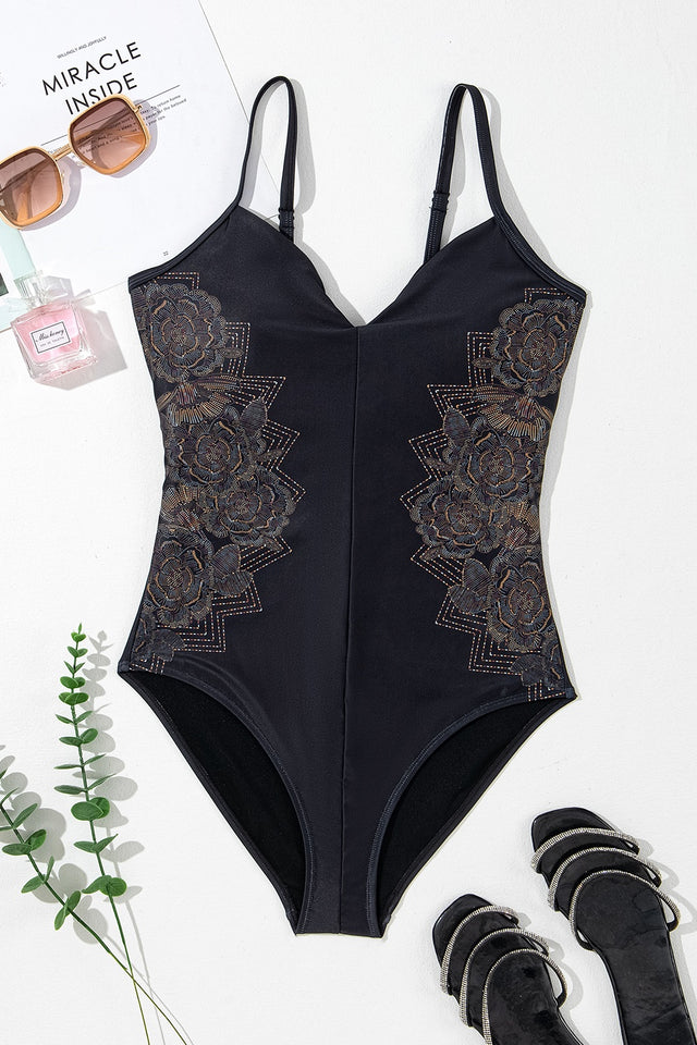 Embroidered V-Neck One-Piece Swimwear with Crisscross.