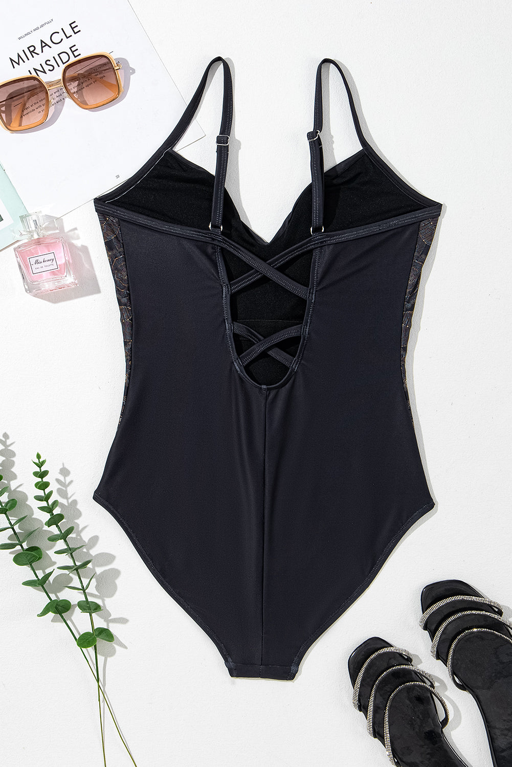 Embroidered V-Neck One-Piece Swimwear with Crisscross.