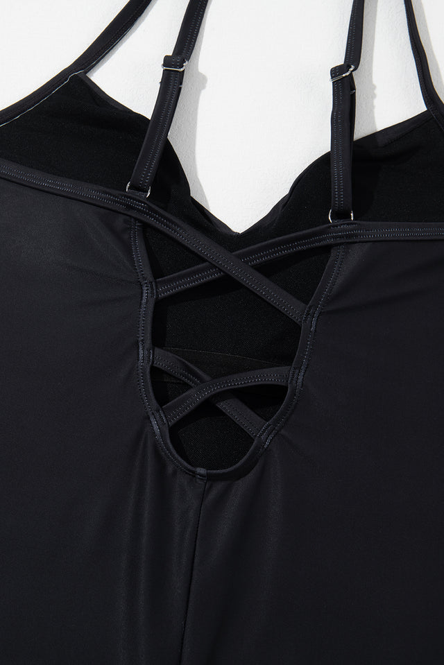 Embroidered V-Neck One-Piece Swimwear with Crisscross.