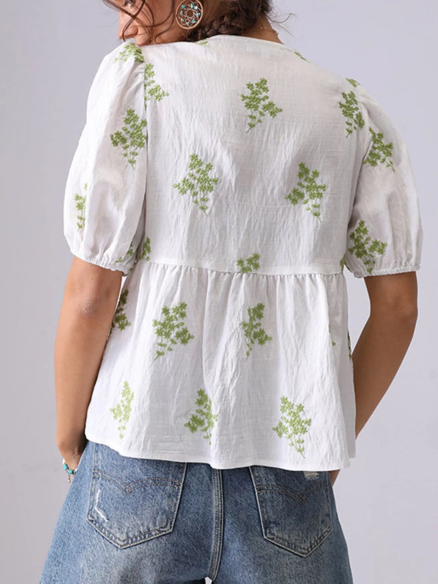 Embroidered V-Neck Puff Sleeve Peplum Blouse.