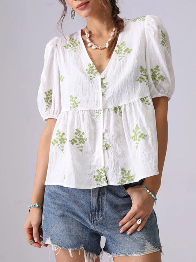 Embroidered V-Neck Puff Sleeve Peplum Blouse.